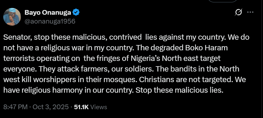 Stop these malicious and contrived  lies against my country - Bayo Onanuga pushes back at US Senator Ted Cruz over allegation of Christian persecution in Nigeria